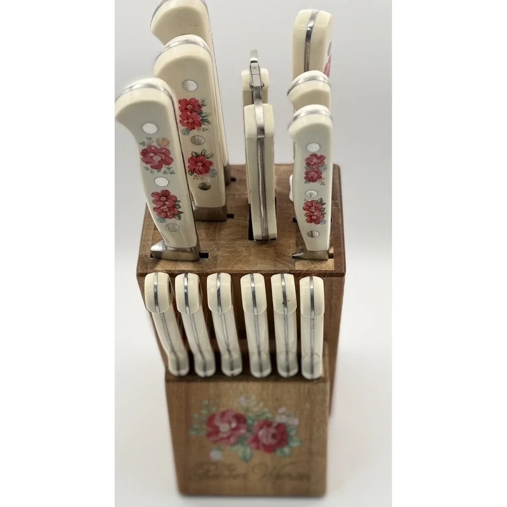 Vtg Pioneer Woman Floral 14-Piece Cutlery Kitchen Set Wood Block Retired #5617